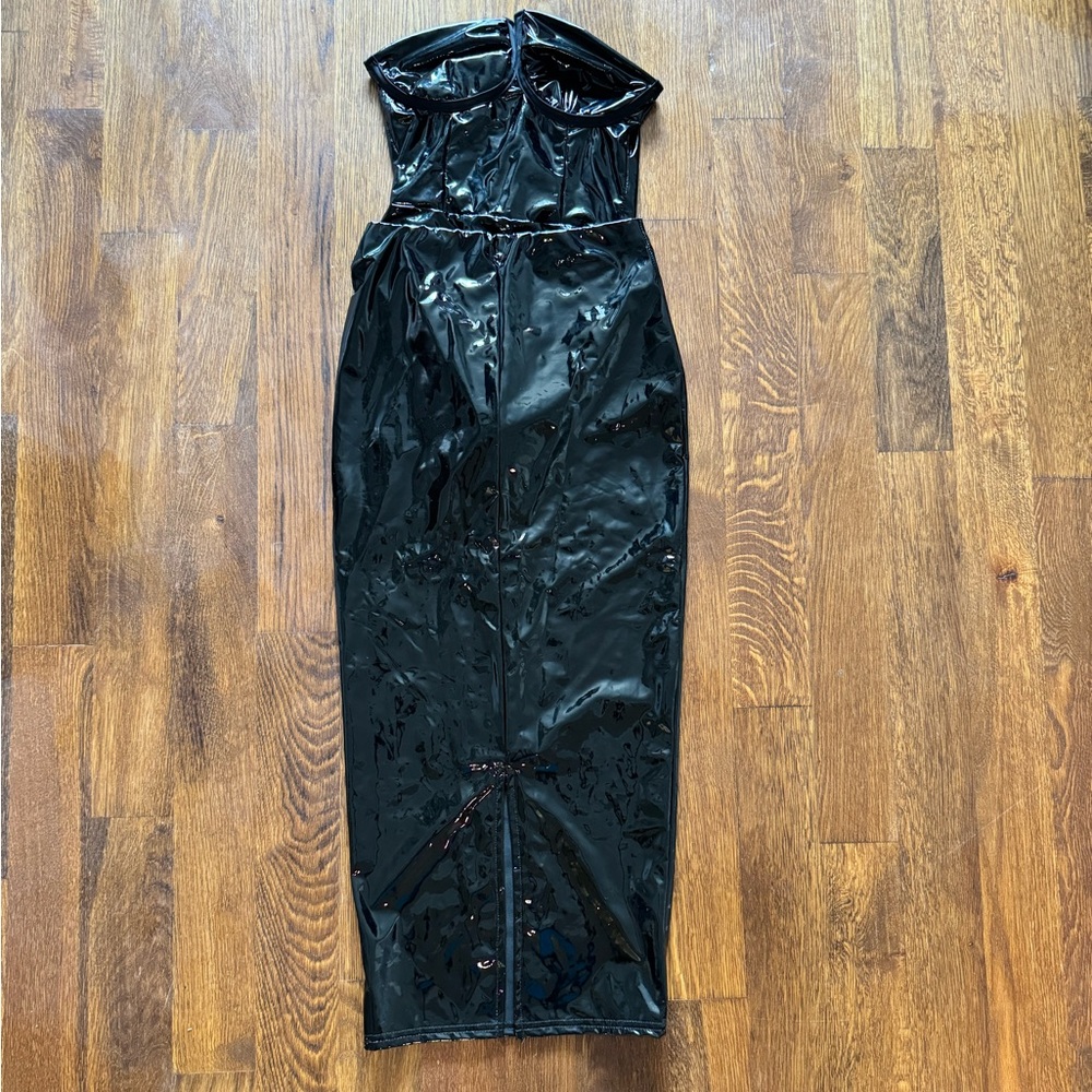 Faux patent leather bodysuit and midi skirt set